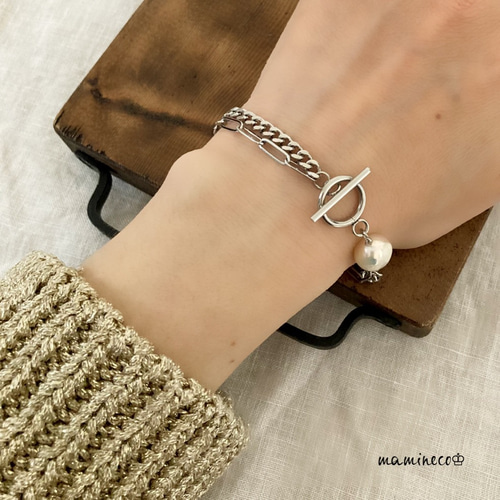 オールステンレス製 バロックパール付きマンテル2連ブレスレット