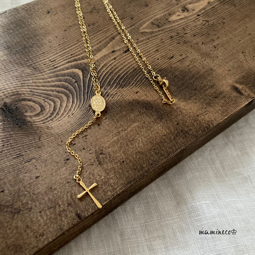 オールステンレス製 ロザリオ風ネックレス 2面カット小豆チェーン幅1.6