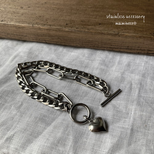 オールステンレス製 ハートチャーム付きマンテル2連ブレスレット
