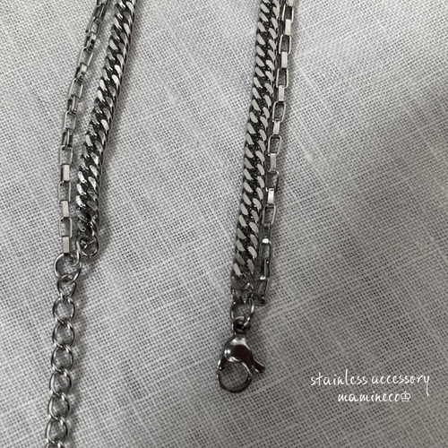 ステンレス製 2面カットダブル喜平チェーン×ボックスチェーンの2連  