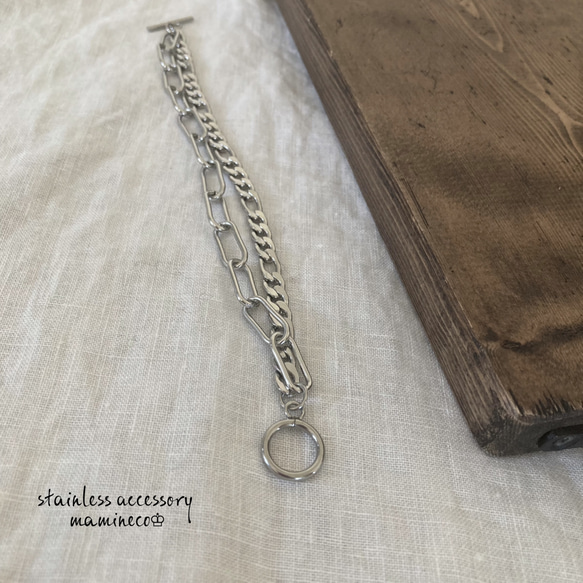 オールステンレス製 マンテル2連ブレスレット(フィガロチェーン・ロング小豆チェーン) 5枚目の画像