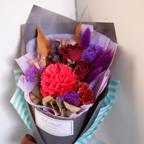 母の日限定赤紫シリーズカーネーションドライフラワーダブテールブーケ