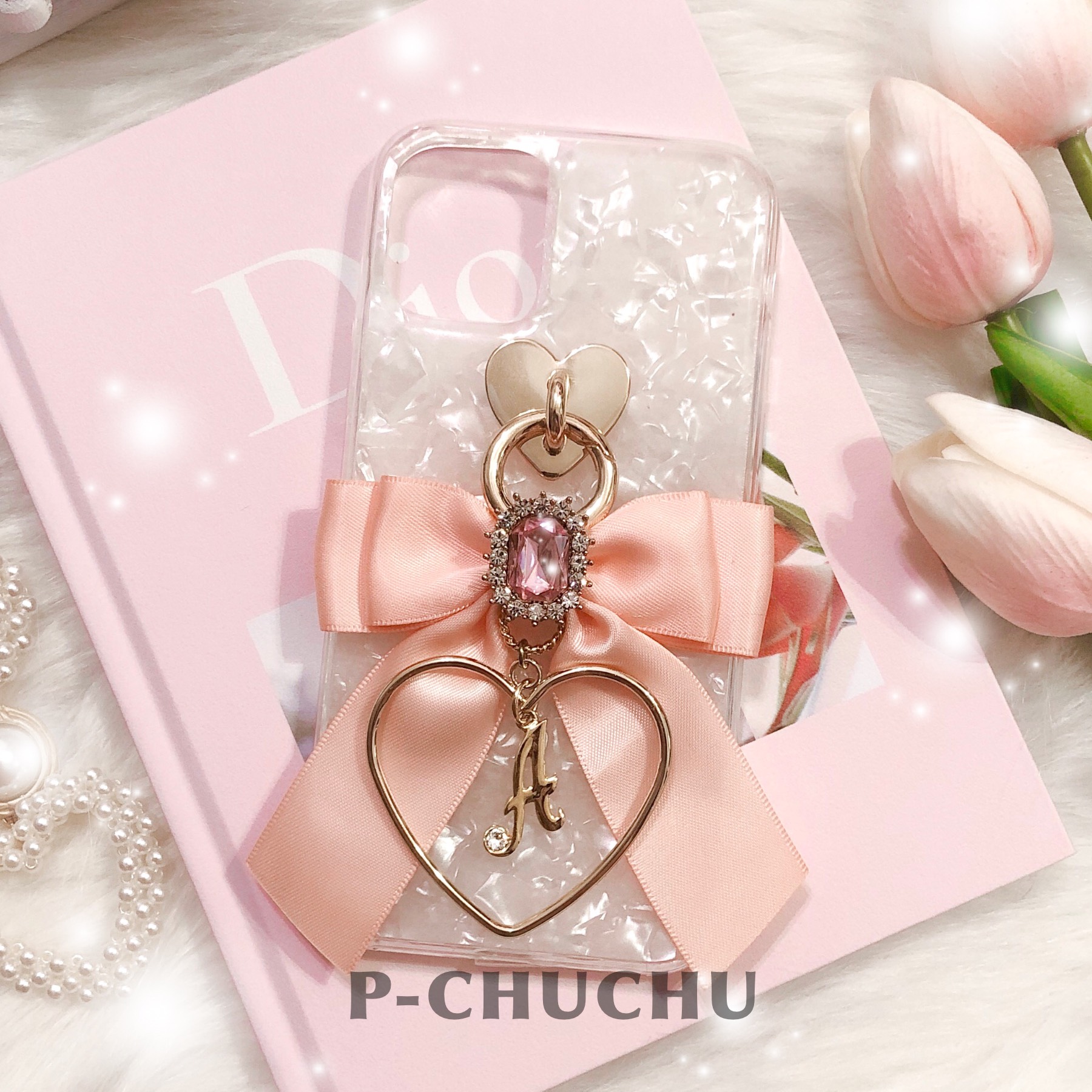 名入れ♡キラキラユニコーン✨リボンチャーム✨ブルーパープル系♡iPhoneケース