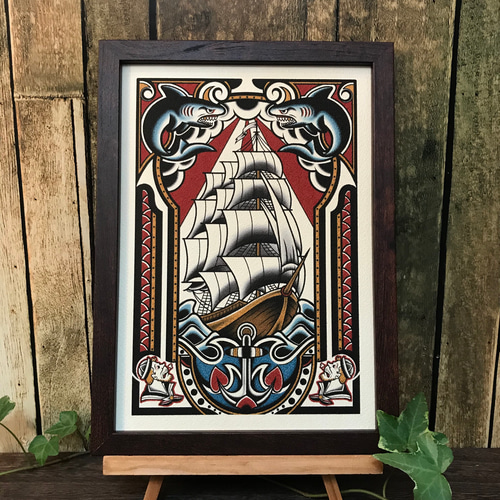 B5サイズ tattoo デザイン タトゥー イラスト 船 サメ フレーム