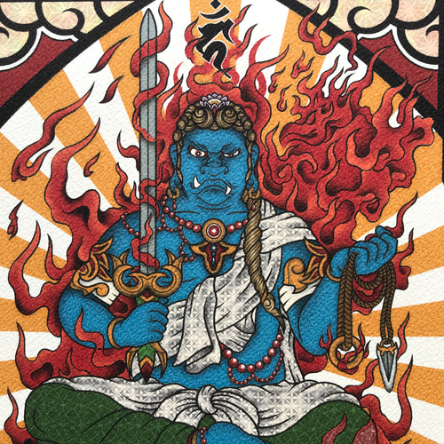 尾九 画 不動明王 青不動 迦楼羅炎 赤色 不動心 A4サイズ フレーム付き  