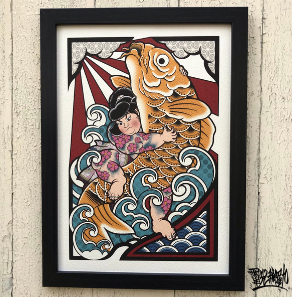 奧訂製浮世繪鬼若力之助鯉魚捕手 A4 尺寸帶簡約框架 第2張的照片