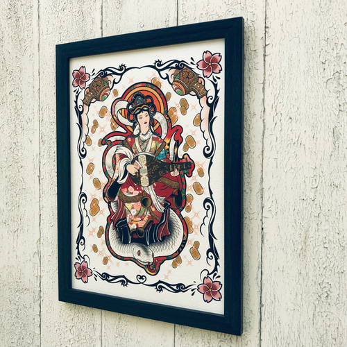 尾九 吉祥画 七福神 弁財天 打ち出の小槌 A4サイズ 簡易フレーム