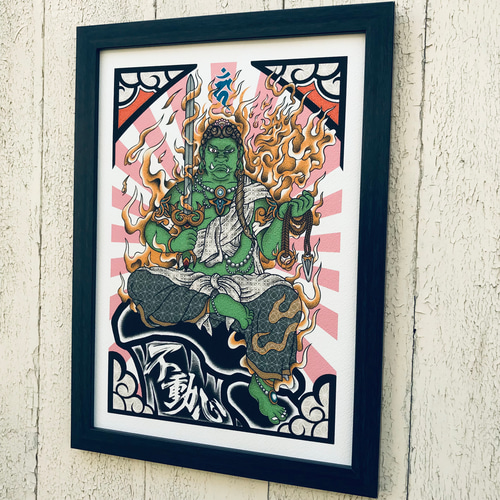 奧畫不動明王綠色不動明王黃色不動信A4尺寸附簡易畫框插畫bbqcomic 尾