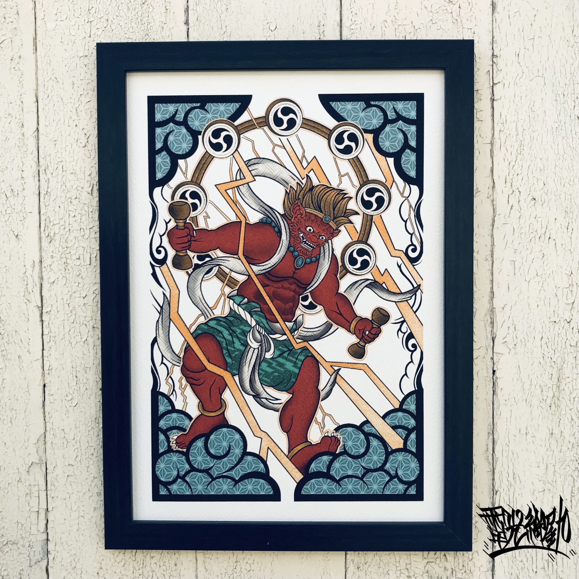 雷神 和風イラスト A4サイズ フレーム付き｜尾九
