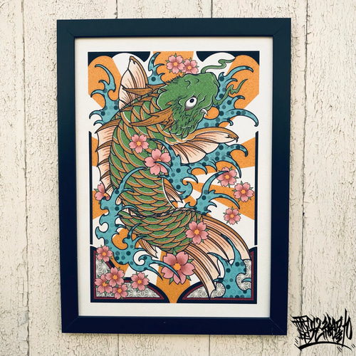 刺青画 緑色 化け鯉 オリジナルイラスト A4サイズ 簡易フレーム