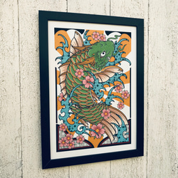 刺青画 緑色 化け鯉 オリジナルイラスト A4サイズ  簡易フレーム付き 3枚目の画像