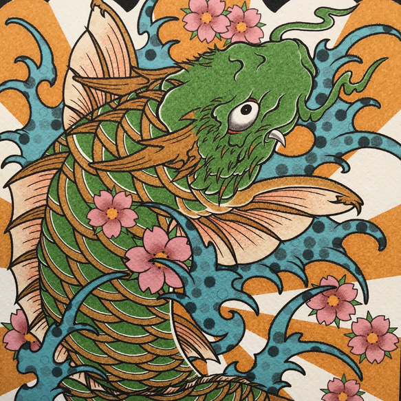 刺青画 緑色 化け鯉 オリジナルイラスト A4サイズ  簡易フレーム付き 5枚目の画像