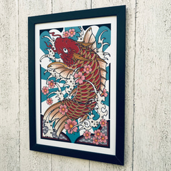 尾九 刺青画 赤色 化け鯉 オリジナルイラスト A4サイズ  簡易フレーム付き 4枚目の画像