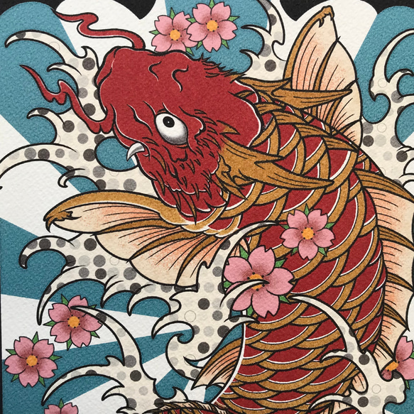 尾九 刺青画 赤色 化け鯉 オリジナルイラスト A4サイズ  簡易フレーム付き 5枚目の画像