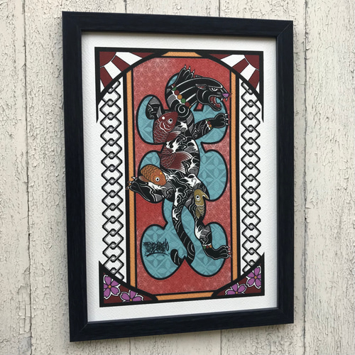 尾九 刺青画 鯉 和彫りの黒豹 大入り袋 イラスト A4サイズ 簡易