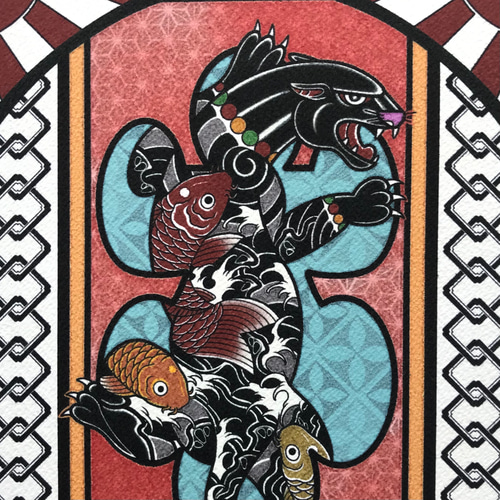 尾九 刺青画 鯉 和彫りの黒豹 大入り袋 イラスト A4サイズ 簡易