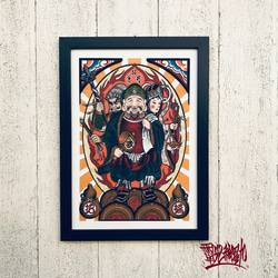 六韜大黒天 アート作品 51×46mm 尾九 イラスト 三面大黒天 A4サイズ フレーム付き イラスト bbqcomic