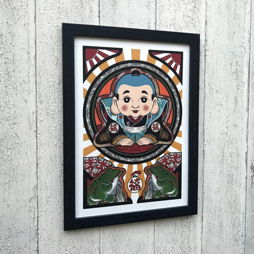 尾九 吉祥画 福助 銭カエル A4サイズ 黒色フレーム イラスト 尾九 吉祥画 福助 銭カエル A4サイズ 黒色フレーム イラスト