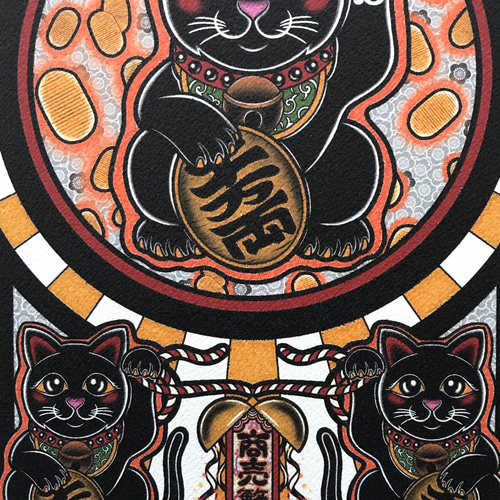 尾九 縁起物イラスト 招き猫 黒猫 商売繁盛 A4サイズ フレーム 尾九 縁起物イラスト 招き猫 黒猫 商売繁盛 A4サイズ フレーム