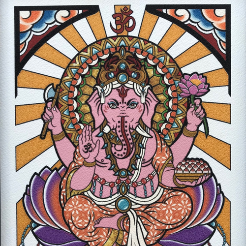 ガネーシャ 幸運を呼ぶ イラスト A4サイズ フレーム付き｜尾九 その他