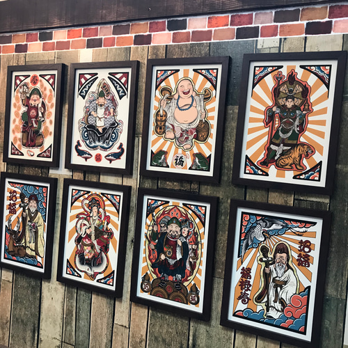 B5サイズ 尾九 吉祥画 七福神 三面大黒天 8枚セット フレーム付き