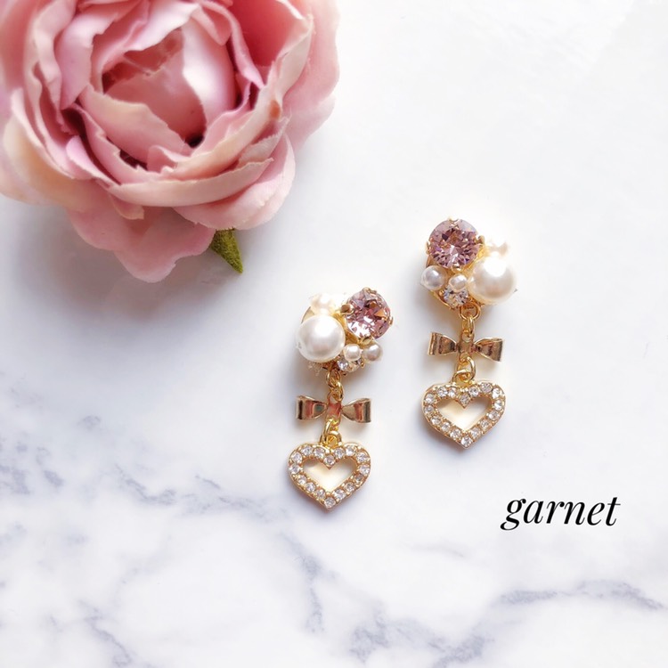 リボンハートのピンクビジュー ピアス / イヤリング　プチシリーズ