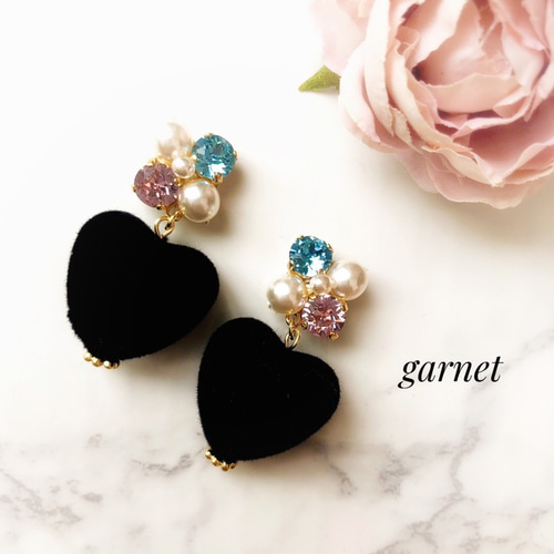 子供 ビーズ イヤリング ♡ハート3連♡♡♡ パープル ビジュー ハート 3連 ピアス＆イヤリング | strawberry