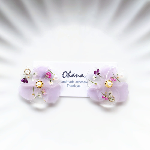 レジン 花 パープル イヤリングorピアス イヤリング・ノンホールピアス