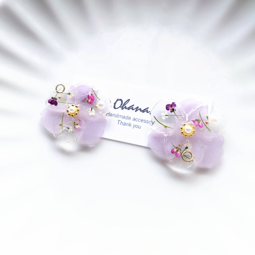 レジン 花 パープル イヤリングorピアス イヤリング・ノンホールピアス