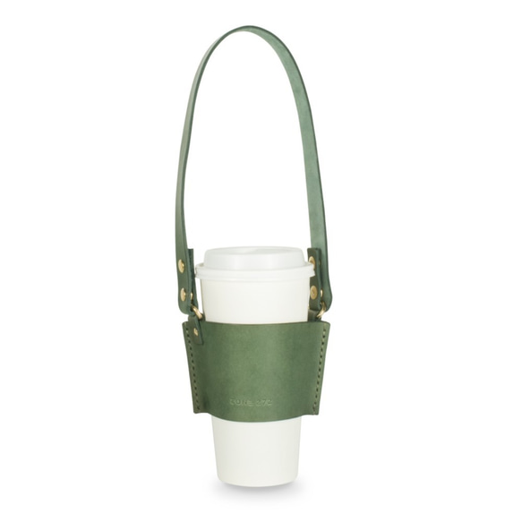 アクセサリー革製のドリンクカップバッグ（緑の野菜のヤクの革と金のボタン） 1枚目の画像