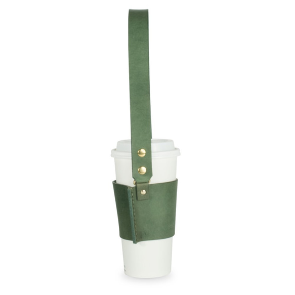 アクセサリー革製のドリンクカップバッグ（緑の野菜のヤクの革と金のボタン） 2枚目の画像