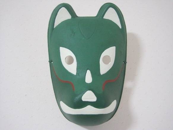 狐面【グリーンツートン】　　1点物/祭り/仮面/マスク/仮装/ハロウイン/お面/男前/キツネ/アニマル/動物 2枚目の画像