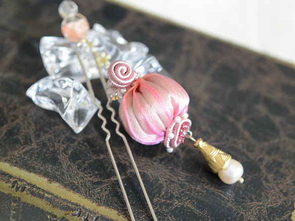 かんざし　シルクリボンのバルーン　ピンク 2枚目の画像