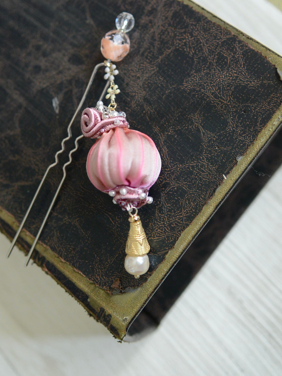 かんざし　シルクリボンのバルーン　ピンク 3枚目の画像