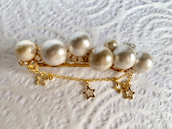 星とコットンパール、ビジューのバレッタ 5枚目の画像