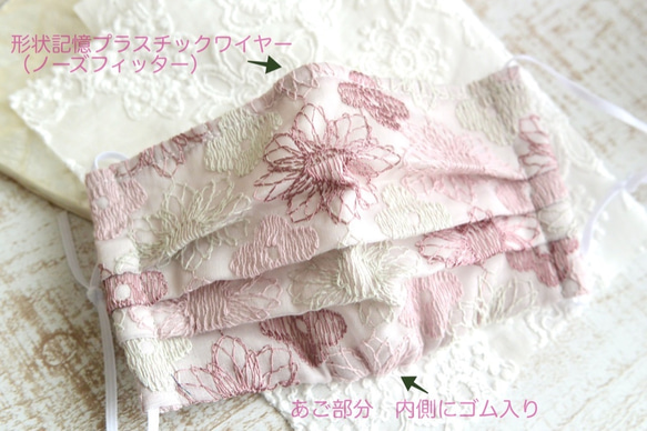 再販/内側の生地を変えて再登場★フィット感抜群の布マスク　気分が上がる刺繍生地（ピンク）[送料無料] 1枚目の画像