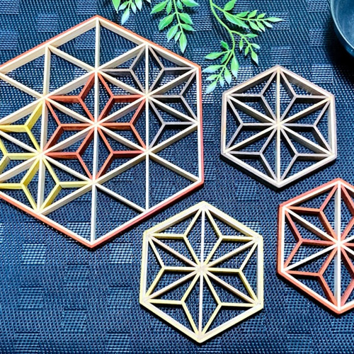 カラフル組子のコースター3枚＆鍋敷きセット インテリアの