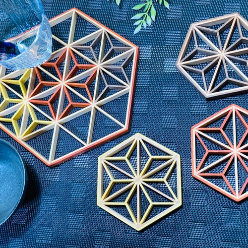 カラフル組子のコースター3枚＆鍋敷きセット インテリアの