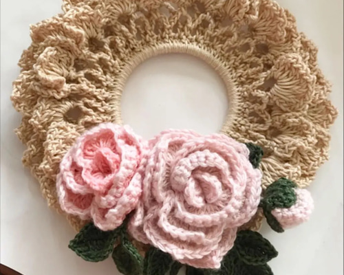 ハンドメイド繊細な細糸で編んだ華麗な巻き薔薇アンティークカラーレース編みシュシュ 0_7fd20437f189a5e4f0b2e2c7263a