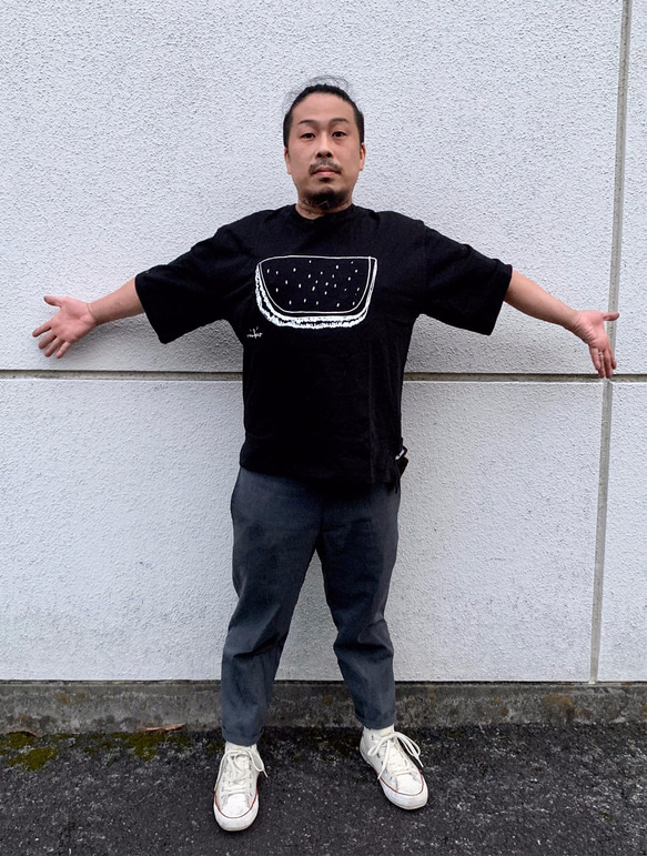 Oversized T-Shirt☆ ビックシルエット☆ モノクロすいかＴシャツ Black ☆父の日Gift☆ 3枚目の画像