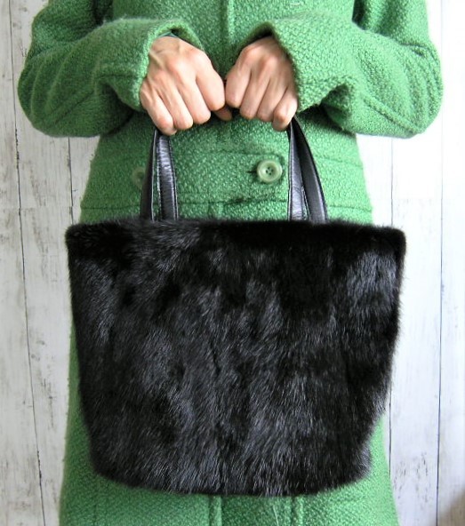 ¶ new antique fur ¶ ★受注制作★ブラックミンクファー楕円底トートバッグ（レザーハンドル）