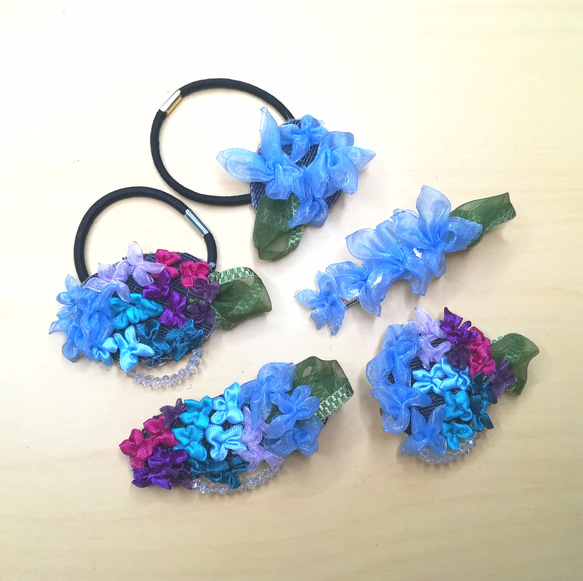 ラッピング無料☆紫陽花のヘアゴム グラデーション リボンフラワー 4枚目の画像