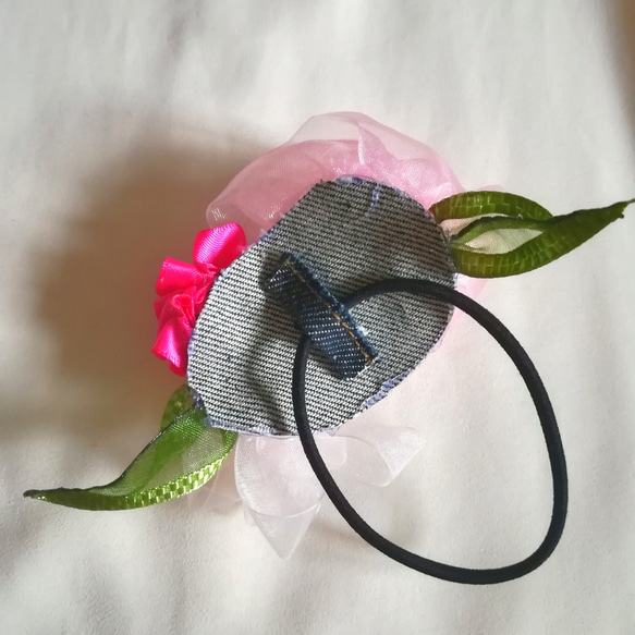 ラッピング無料☆ピンクの薔薇とカーネーション、ダリアのヘアゴム  オーガンジーリボンフラワー 3枚目の画像