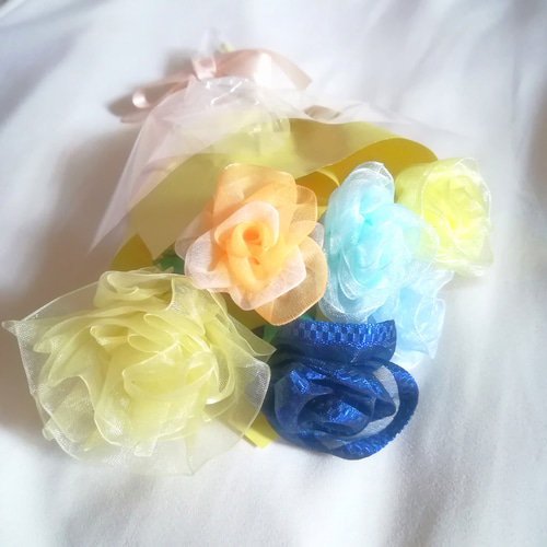 送料無料☆リボンフラワーの花束 父の日 オーガンジー薔薇ミックス