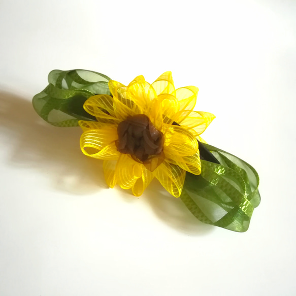 ラッピング無料☆オーガンジーリボン向日葵のバナナクリップ リボンフラワー 2枚目の画像