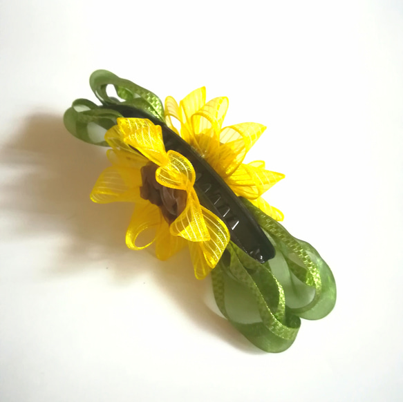 ラッピング無料☆オーガンジーリボン向日葵のバナナクリップ リボンフラワー 3枚目の画像