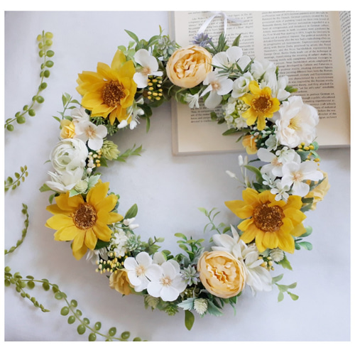 フラワー・リース jasmine 特集掲載】ひまわりとジャスミンのフラワーリース(25cm) アート