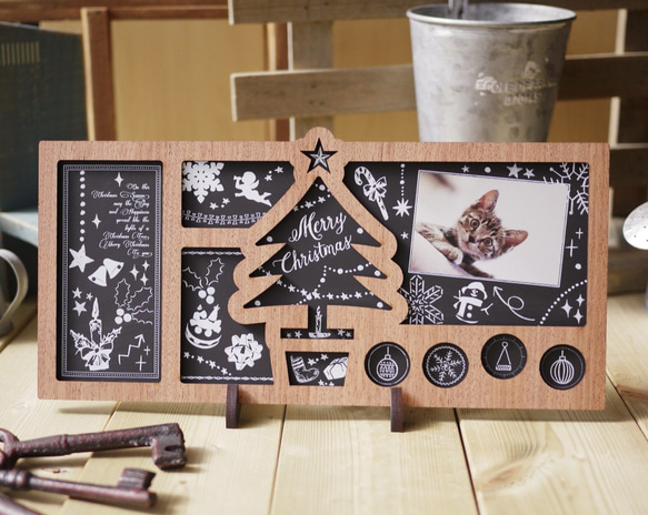 Creema限定　クリスマス「黒板アートスタンド/クリスマスツリー/ヨコ写真入り」チョークアート風 2枚目の画像
