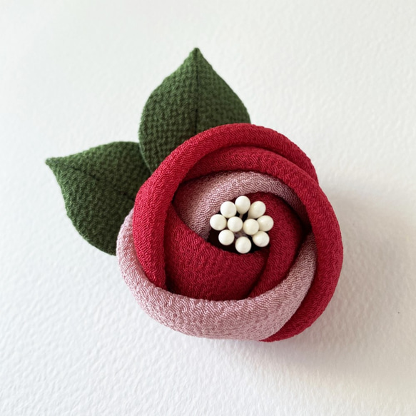 まるっこ椿（紅x薄紅）レトロモダン【髪飾り：クリップ】桐箱入