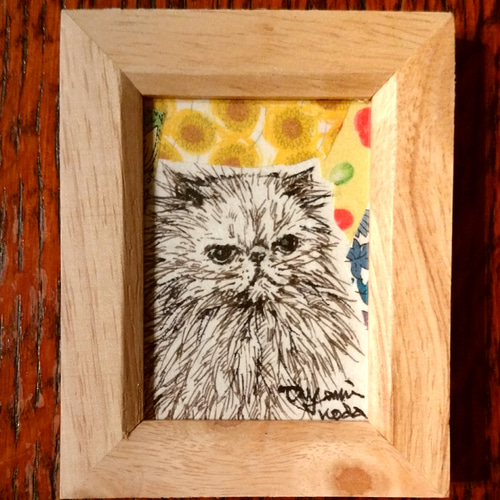 冬の新作『Persian cat』和紙ペン画にリバティプリントファブリックの 